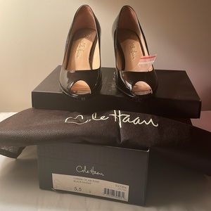 Cole Haan peep toe black patent leather womens heels